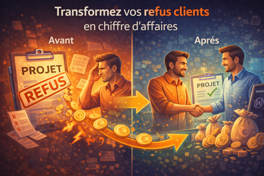 illustration avant-après montrant transformation refus clients en chiffre d'affaires